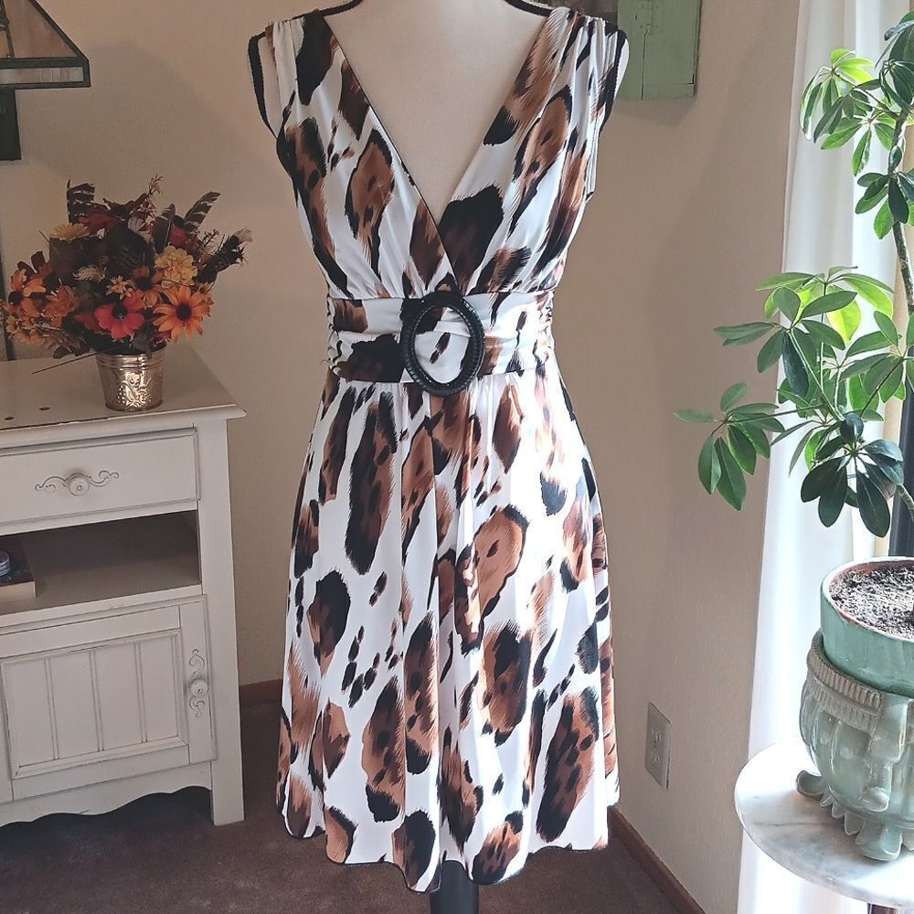 Star Vixen Women's Cream and Brown Dress.  Cocktail. Bold Animal Print